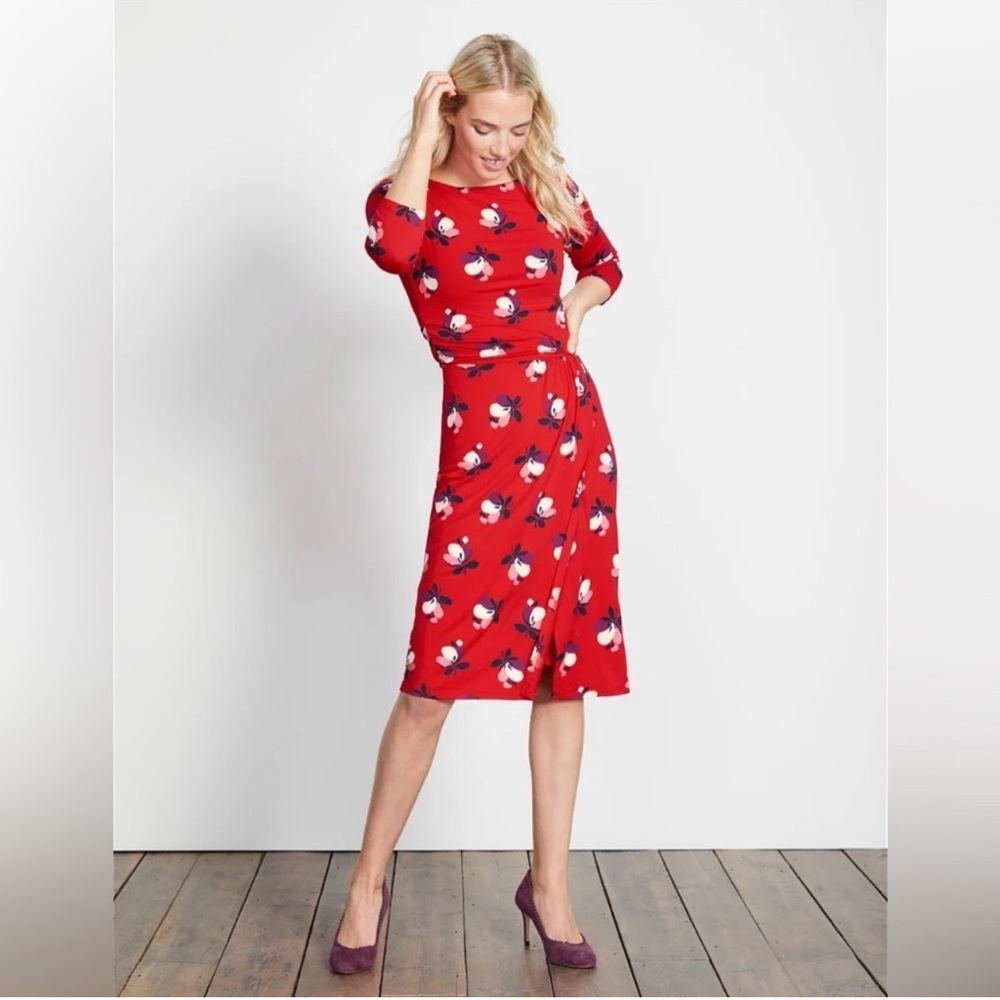Boden Lottie Ruched Jersey Red Floral Print Midi Dress Bloom Size 8 L